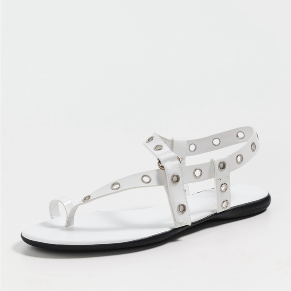 Tory Burch Shoes - Tory Burch White Leather Sandals Silver Eyelet Toe Ring Flat 8.5 NWT